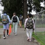 Kids walk to school on a sidewalk while wearing backpacks. Trees and grass and a fence are in the background.