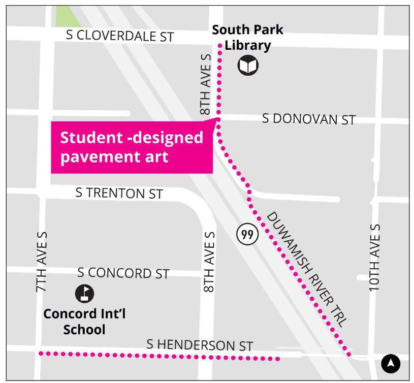 A map graphic showing student-designed pavement art on parts of the street near the South Park Library and Concord International School. The pink dotted lines go along the Duwamish River Train, 8th Ave S, and S Henderson St.
