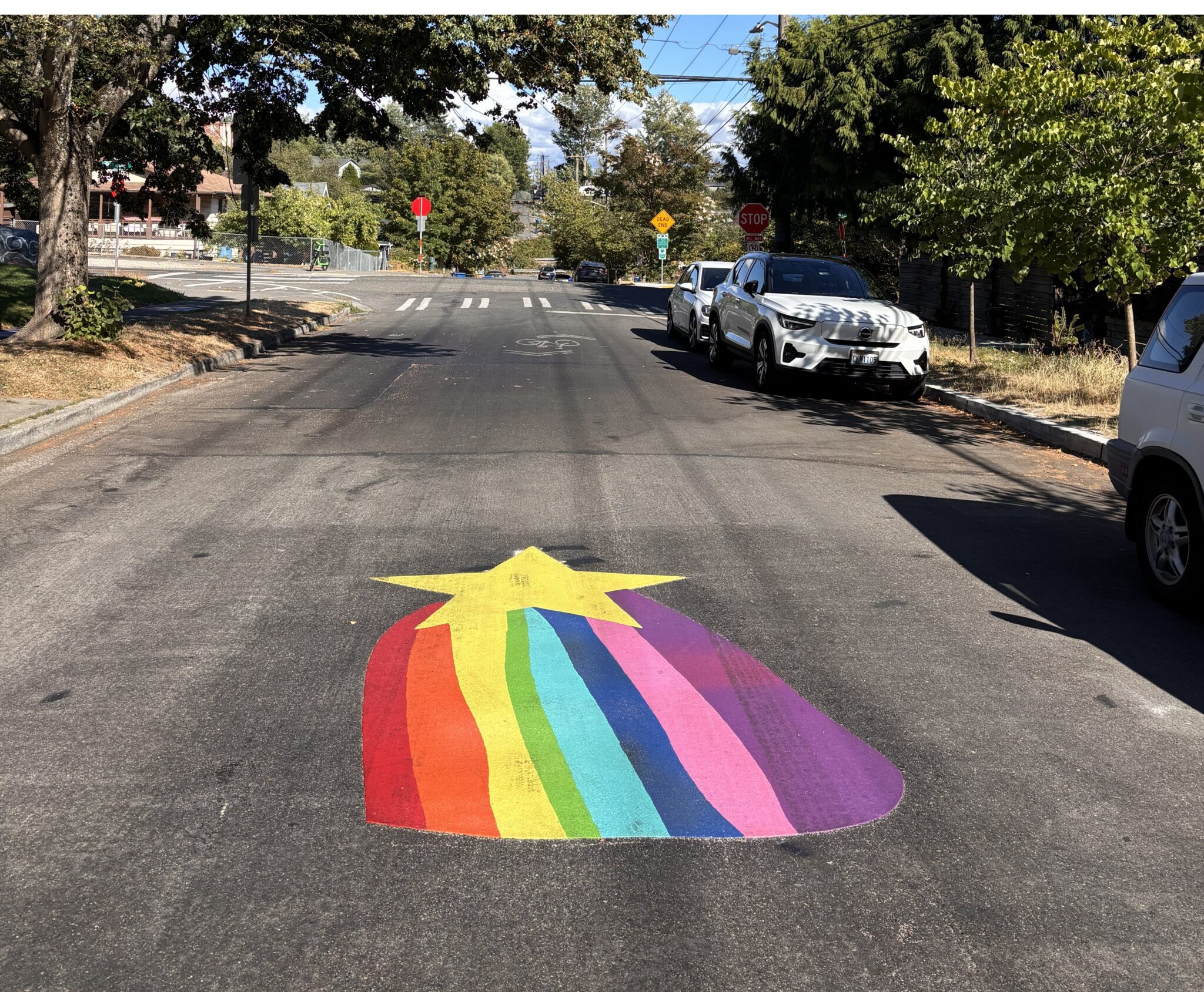 A yellow star with rainbow colors behind it is painted on the street in a neighborhood with cars parked to the right and trees in the background.