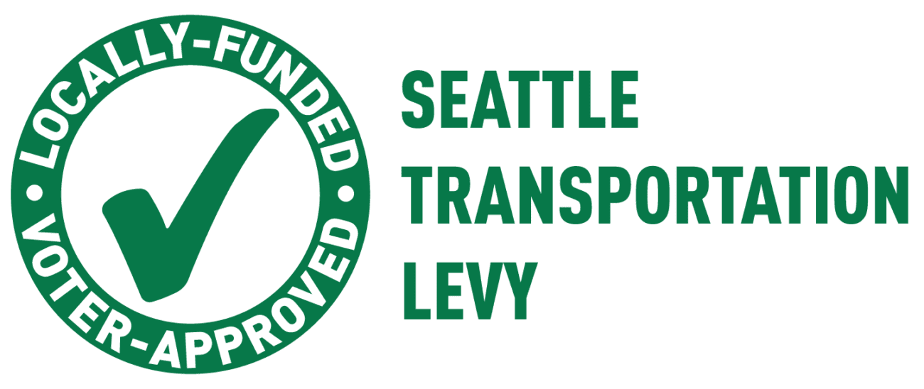 Green logo of the Seattle Transportation Levy. A green check mark is in a circle that says Locally Funded and Voter Approved.