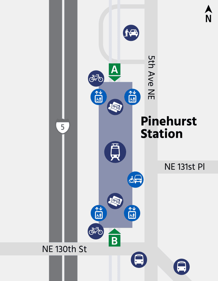 Schematic map of Pinehurst Station, oriented with north at the top. The station lies between Interstate 5 on the west and 5th Avenue Northeast on the east, with Northeast 131st Place to the north and Northeast 130th Street to the south. Two tracks run north to south through the center, with the station platform between them. There are two entrances: Entrance A at the north end of the platform and Entrance B at the south end. Elevators are located at all four corners of the platform. ORCA card readers are near both the north and south ends of the platform. Bicycle parking is available in two locations, one near the northwest side of the platform by Entrance A and one near the southwest side by Entrance B. A passenger drop-off and ride-share loop is located north of the platform, accessed from 5th Avenue Northeast. There are two bus stops near the intersection of Northeast 130th Street and 5th Avenue Northeast.