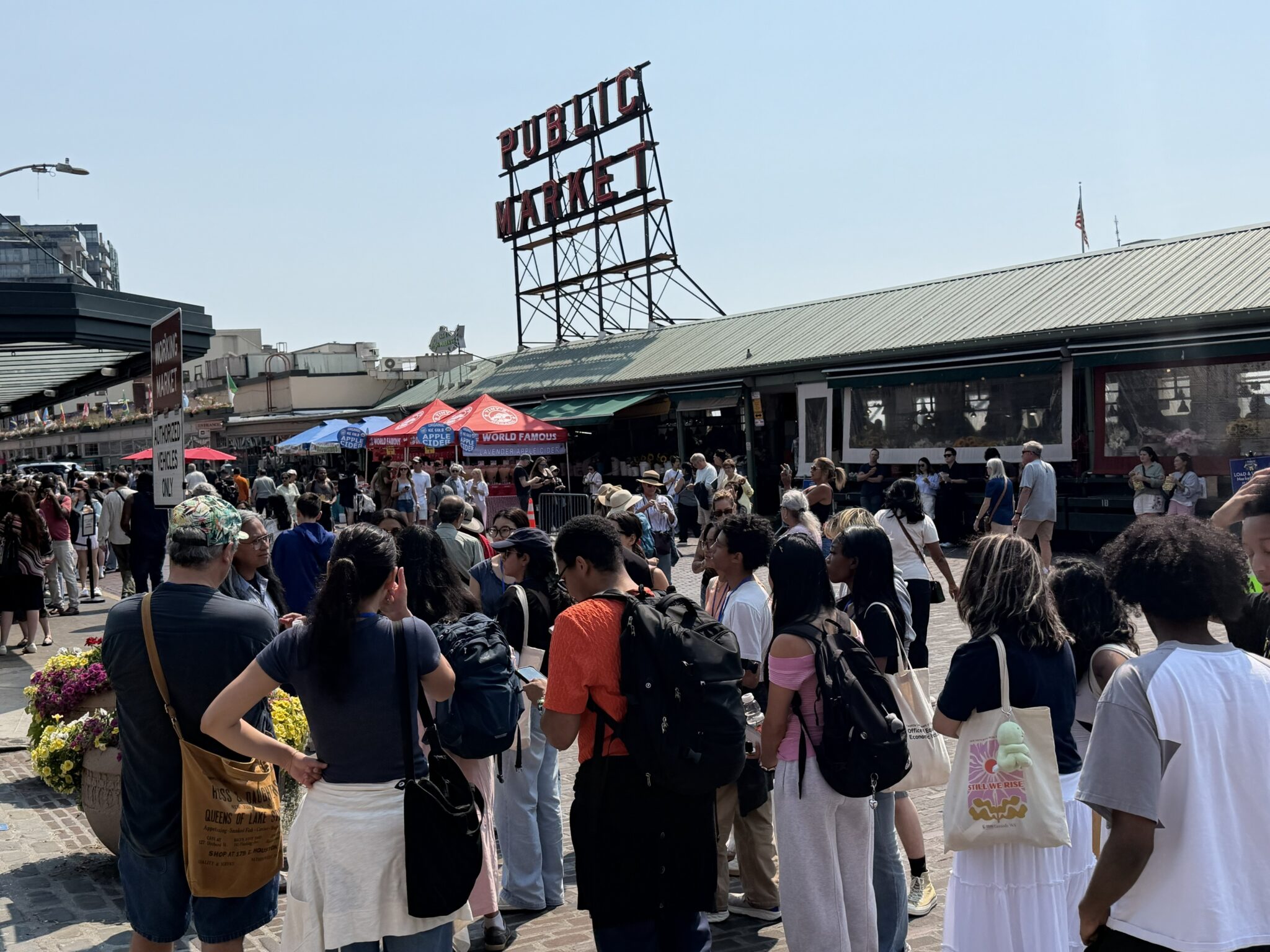 A large group of people walk through an outdoor marketplace on a mostly sunny day. The words "Public Market" are on a sign board at the top of the image.