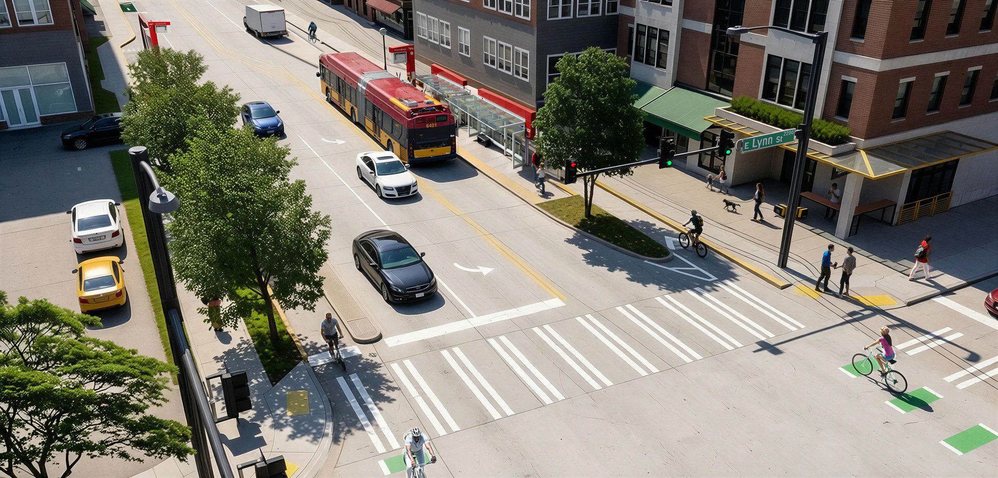 A rendering showing a bus, cars, a crosswalk, a protected bike lane, buildings, and other city infrastructure.