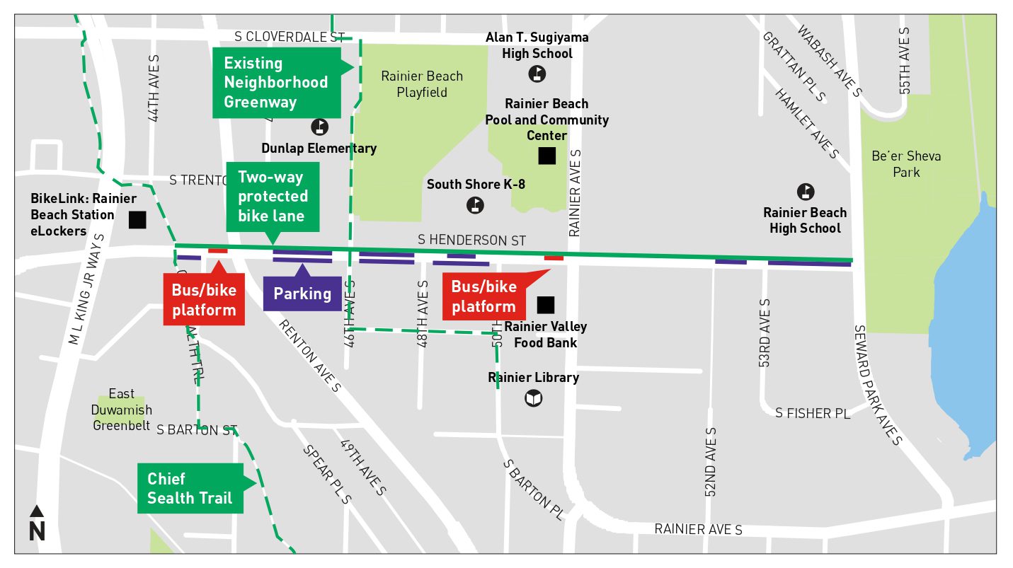 A map of the project area shows where improvements have been built along S Henderson St, from the Rainier Beach Link light rail station on the west to Seward Park Ave S on the east. Several schools are listed on the map. Examples of improvements include a two-way protected bike lane, a bus/bike platform, and nearby trails and greenways.