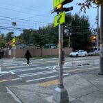 A person crosses the street at a marked crosswalk with flashing beacon lights. Parked cars, trees, and a protected bike lane area also in the image.
