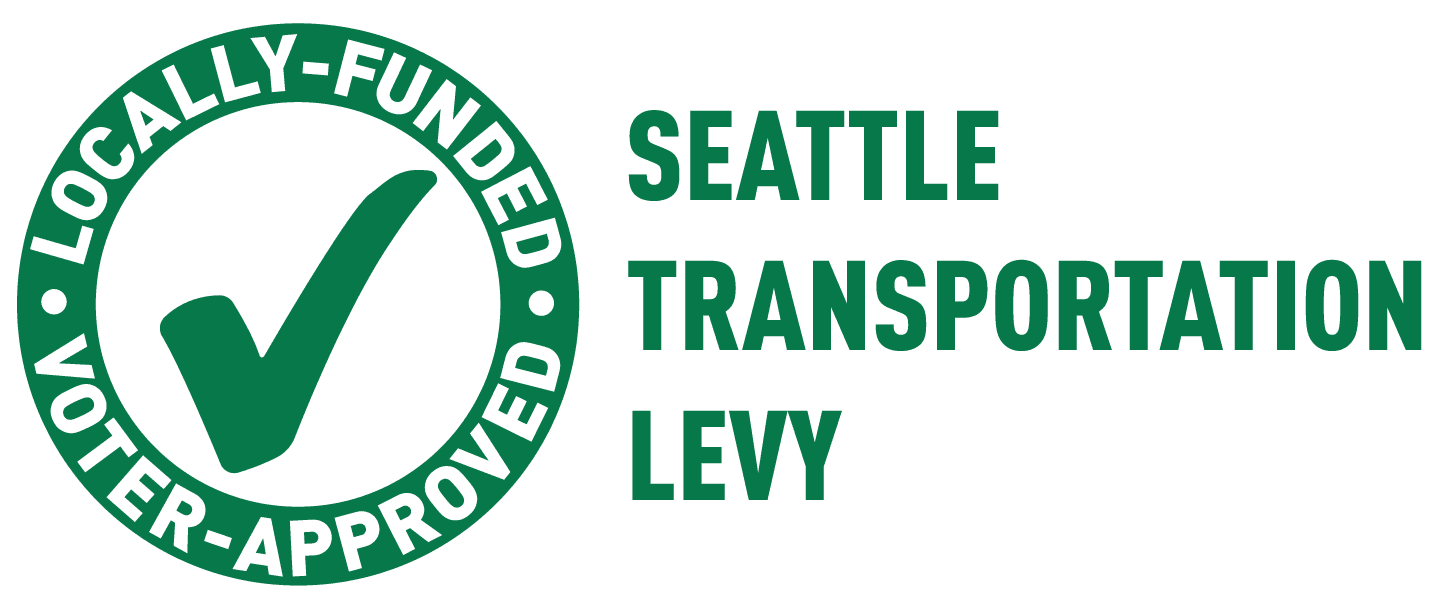 A logo for the Seattle Transportation Levy. In green icons and text, it says Seattle Transportation Levy, Locally Funded, Voter Approved, with a green check mark.